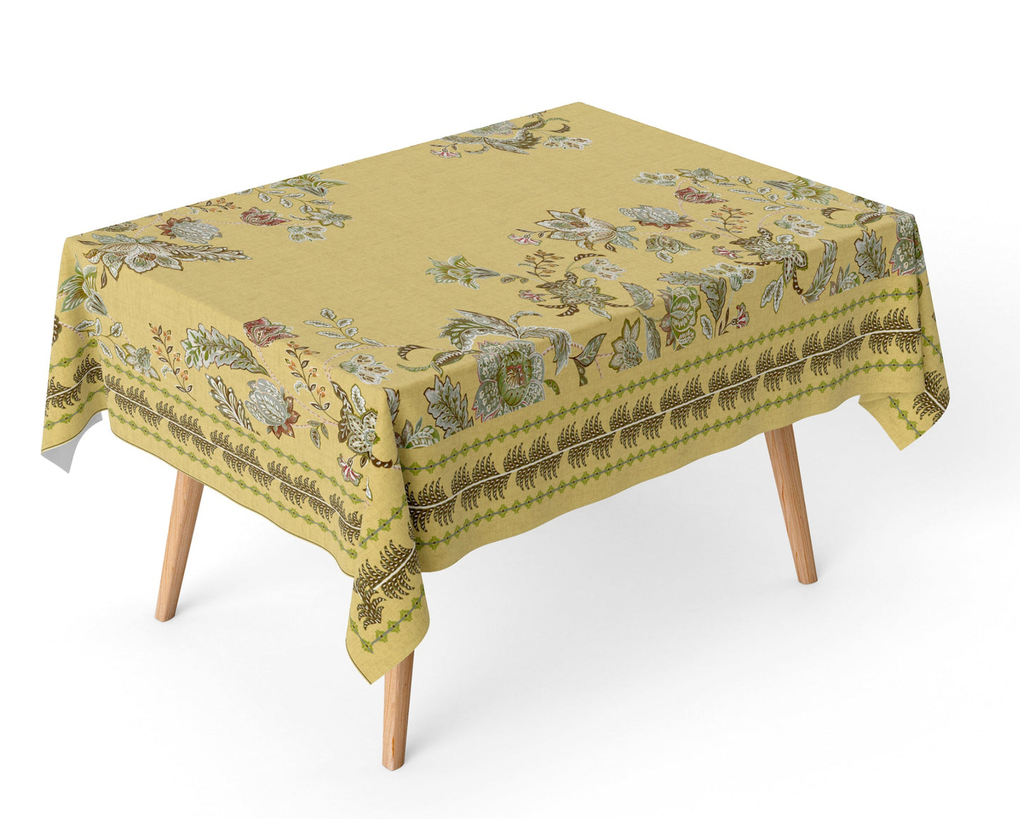 Table with a floral patterned tablecloth on a yellow background 150x250