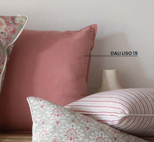Decorative pillows with floral patterns and a plain pillow on a neutral background, featuring 'DALI LISO 19'.
