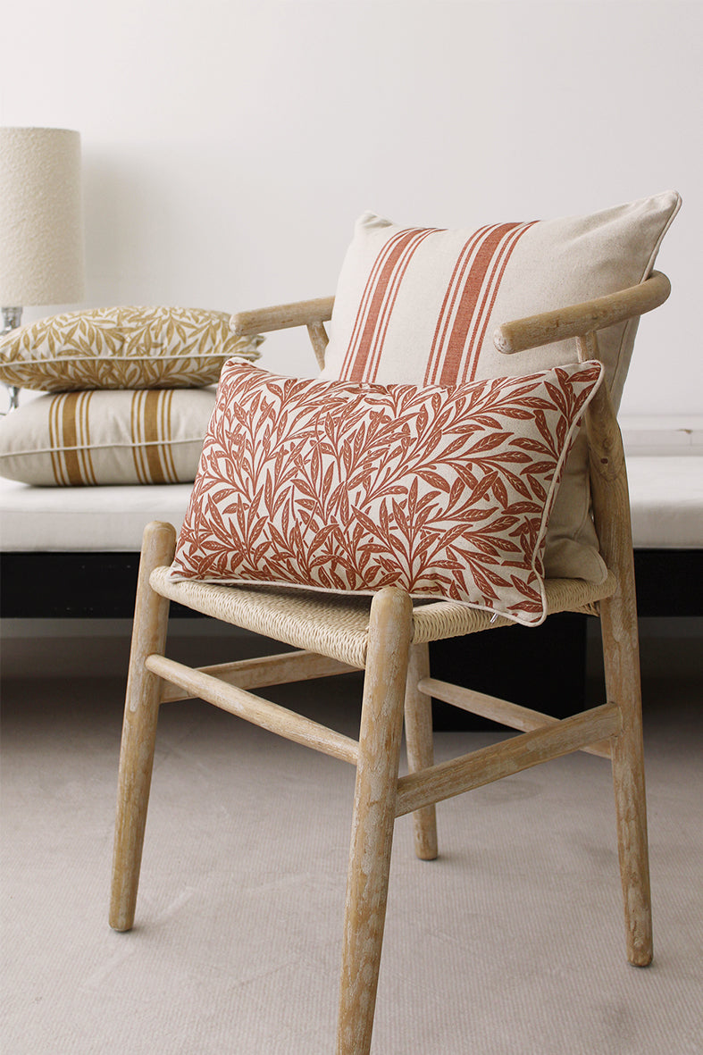 Red eucalyptus and stripes linen cushions