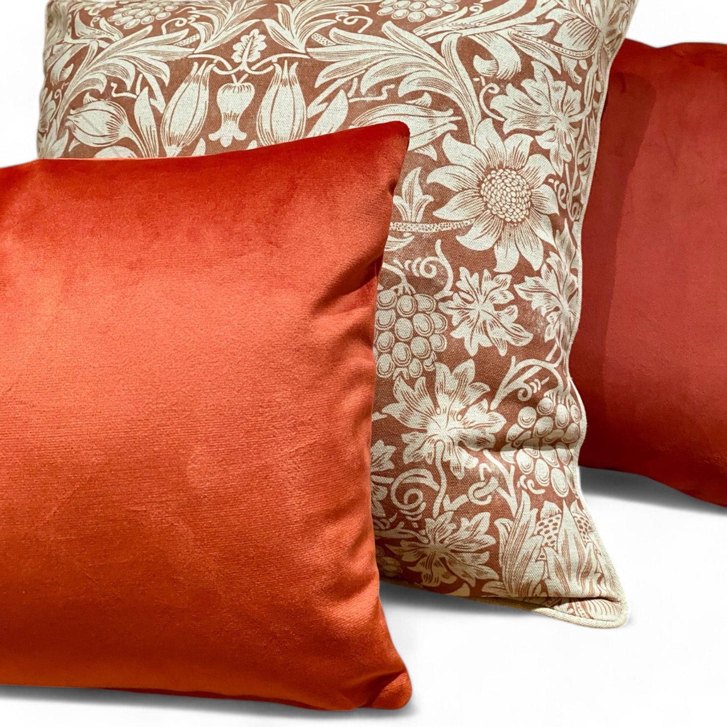 Red velvet cushion featuring William Morris design, 45x45 cm, by Linen & Grace, showcasing luxurious textile and intricate pattern.
