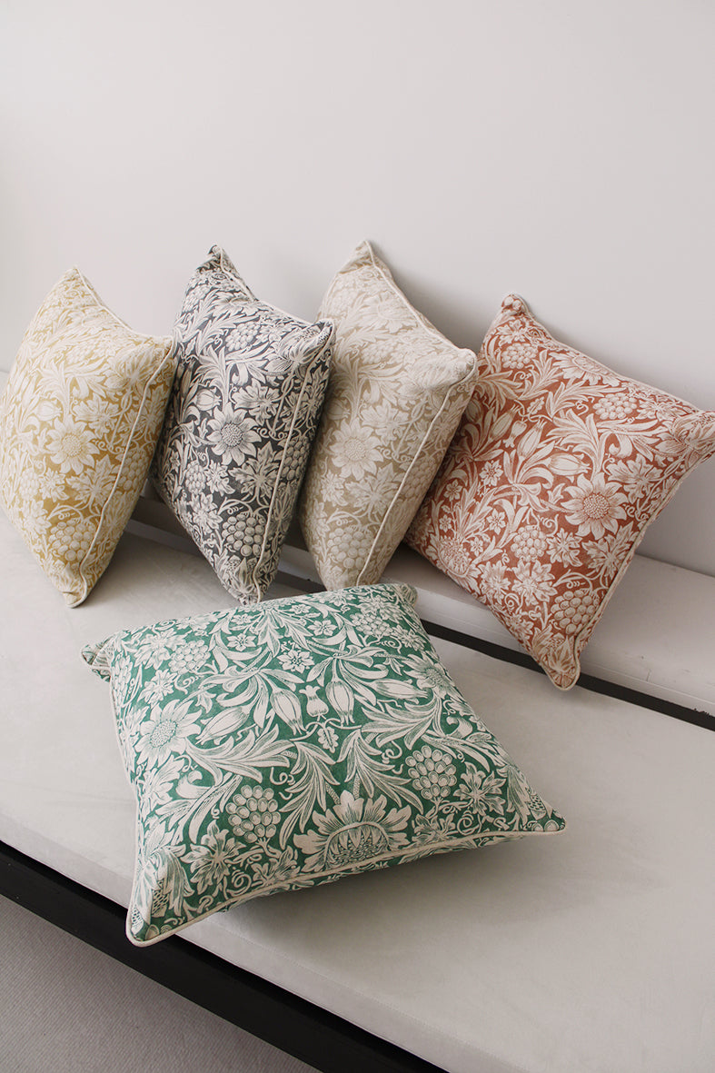 William Morris Green, Red, Ocre and Beige Cushions