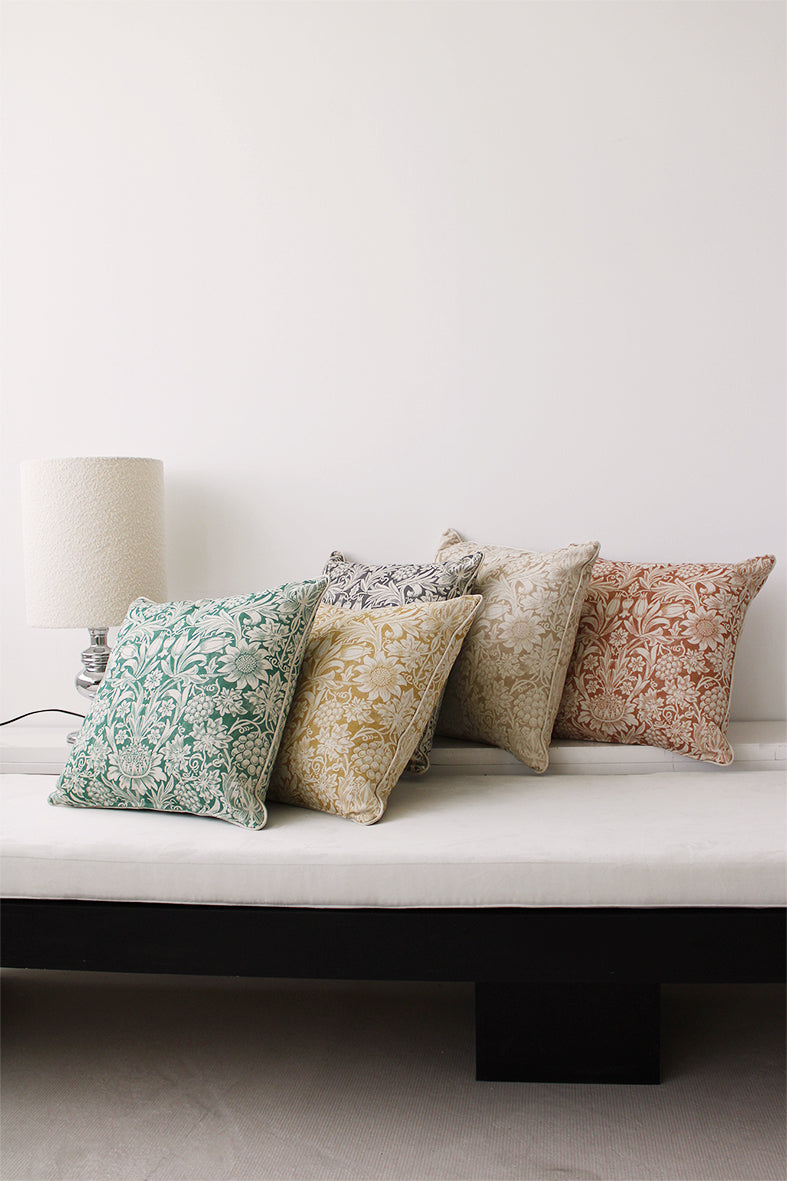 William Morris Green, Red, Ocre and Beige Cushions 03