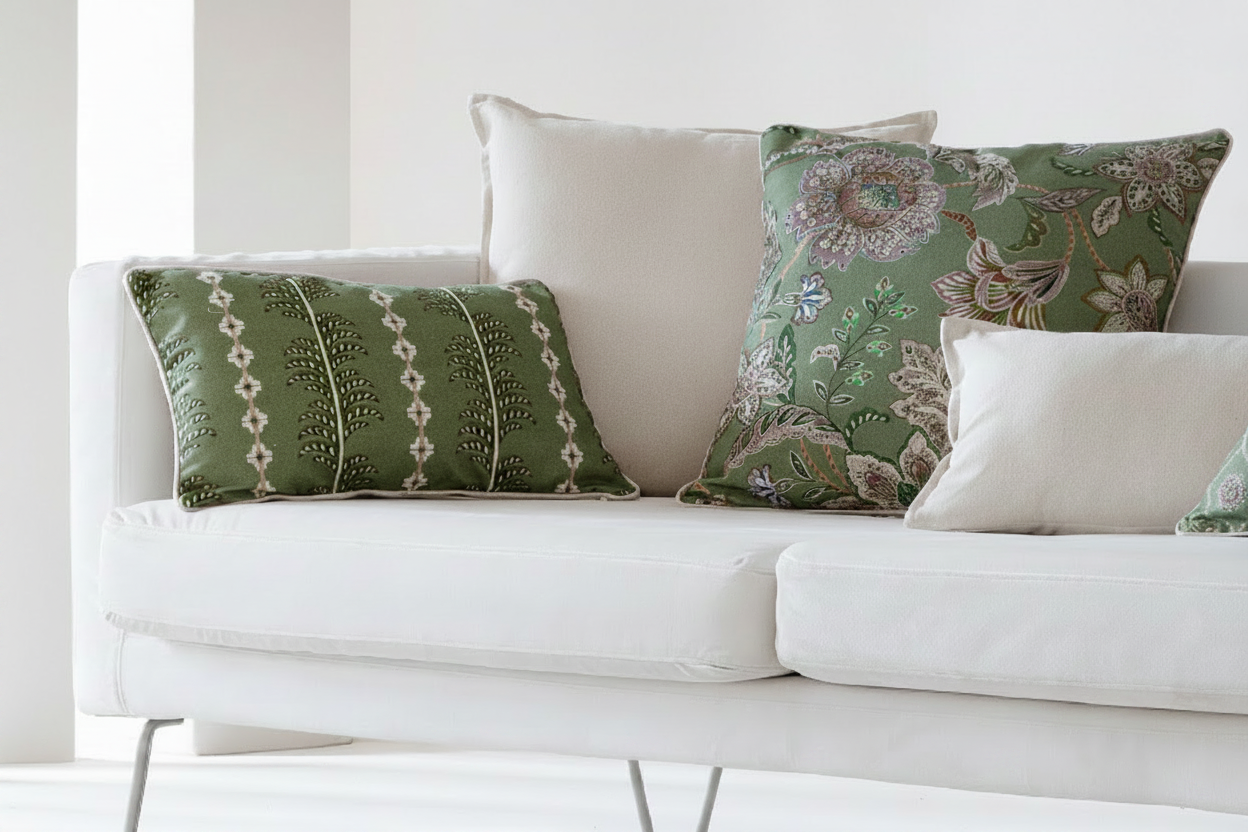 Green patterned pillows on a white sofa against a white wall