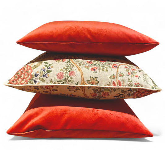 Red velvet cushion with floral pattern, 45x45 cm, from Linen & Grace, featuring soft fabric and decorative design.