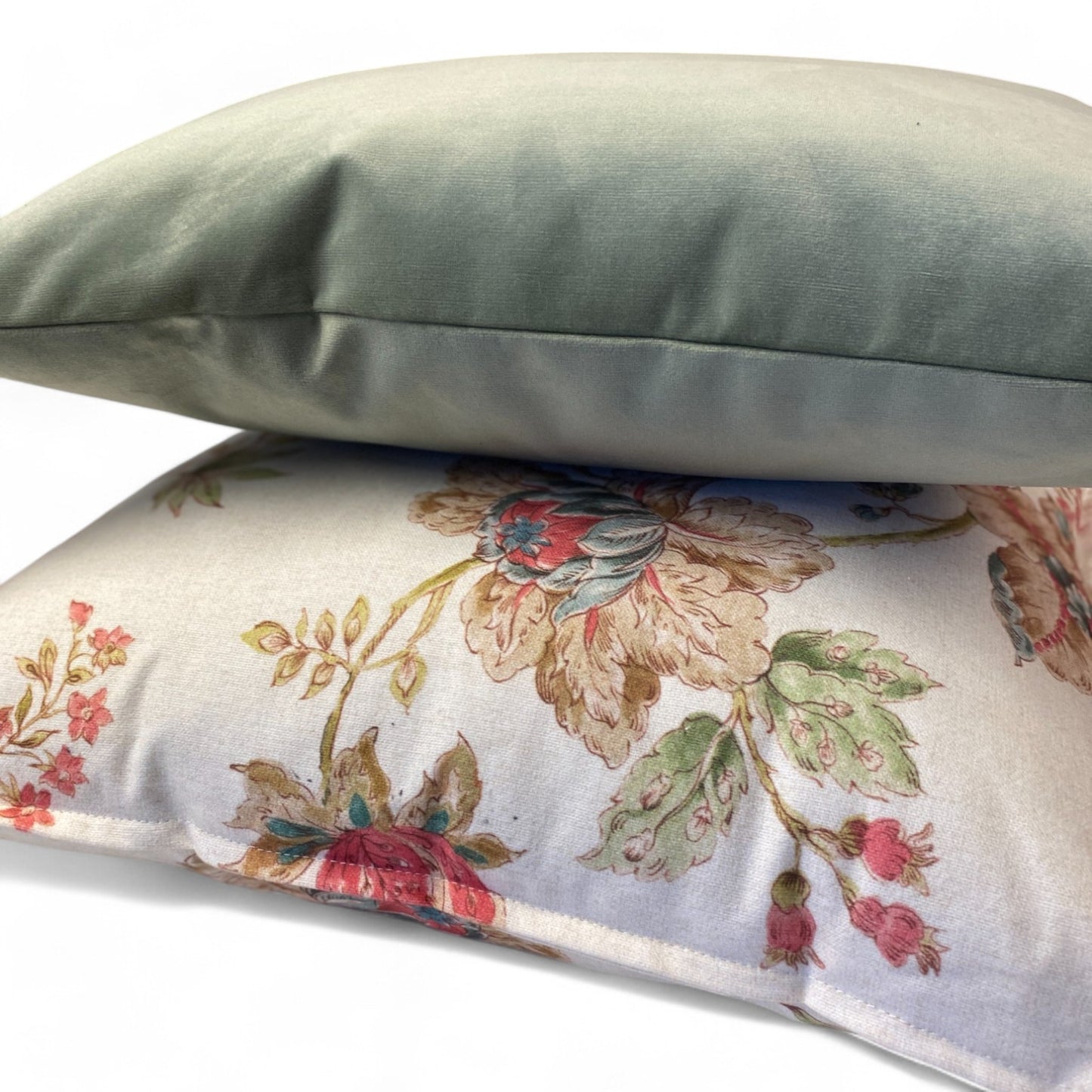 Velvet mint cushion from Linen & Grace featuring floral design, 50x50cm, soft texture and decorative floral pattern.
