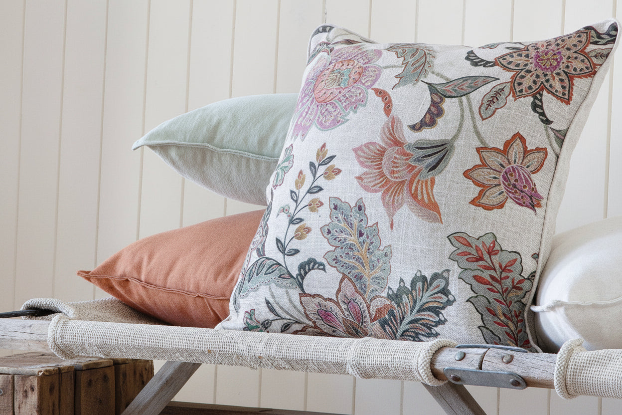 Linen-cotton cushions 50x50cm floral patterns, green
