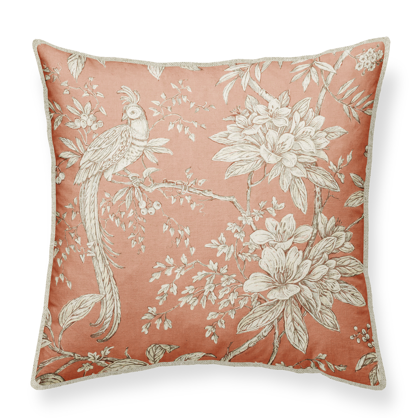 A square-shaped cushion with a floral pattern featuring a pheasant and various plants, in a color palette that includes old pink and white.