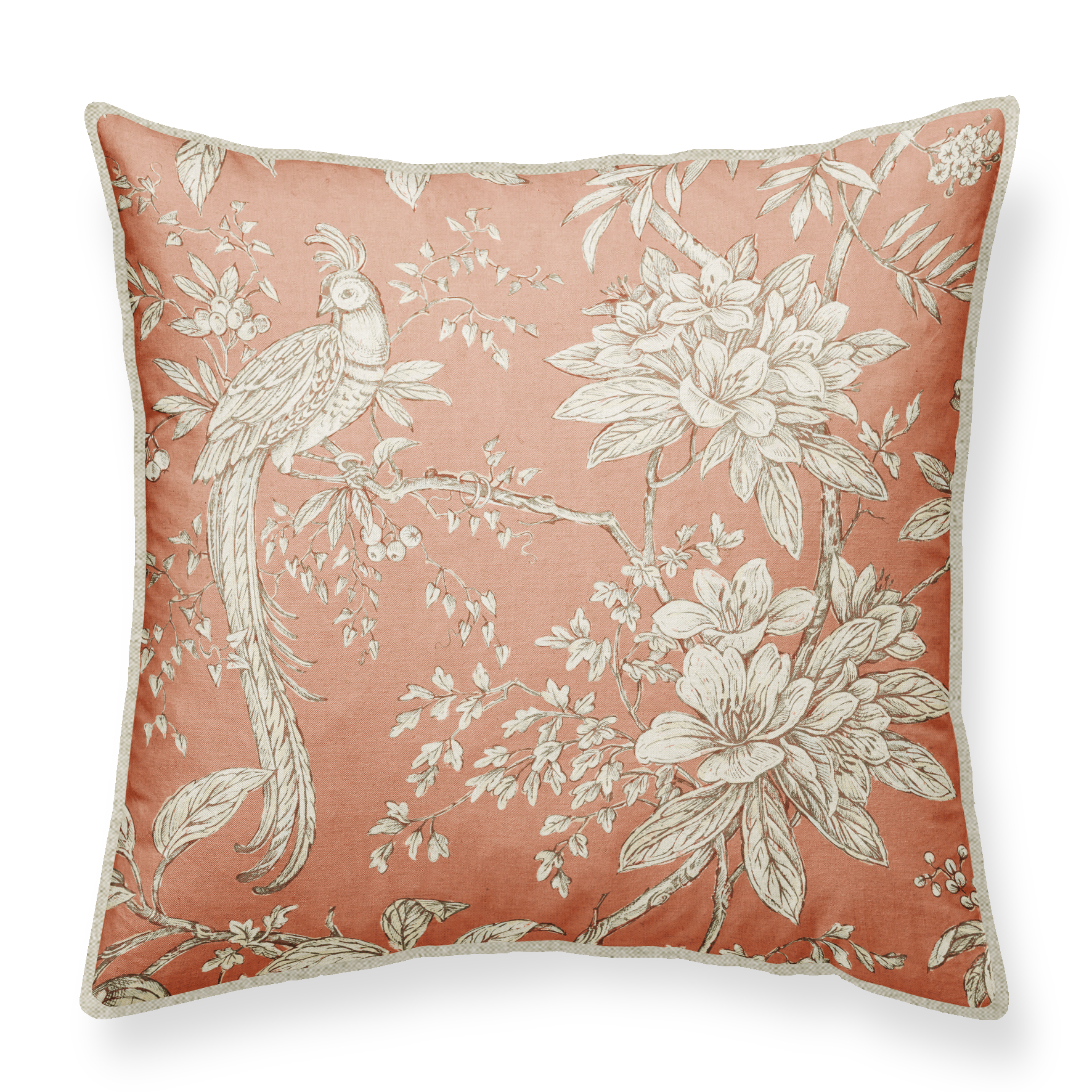 A square-shaped cushion with a floral pattern featuring a pheasant and various plants, in a color palette that includes old pink and white.