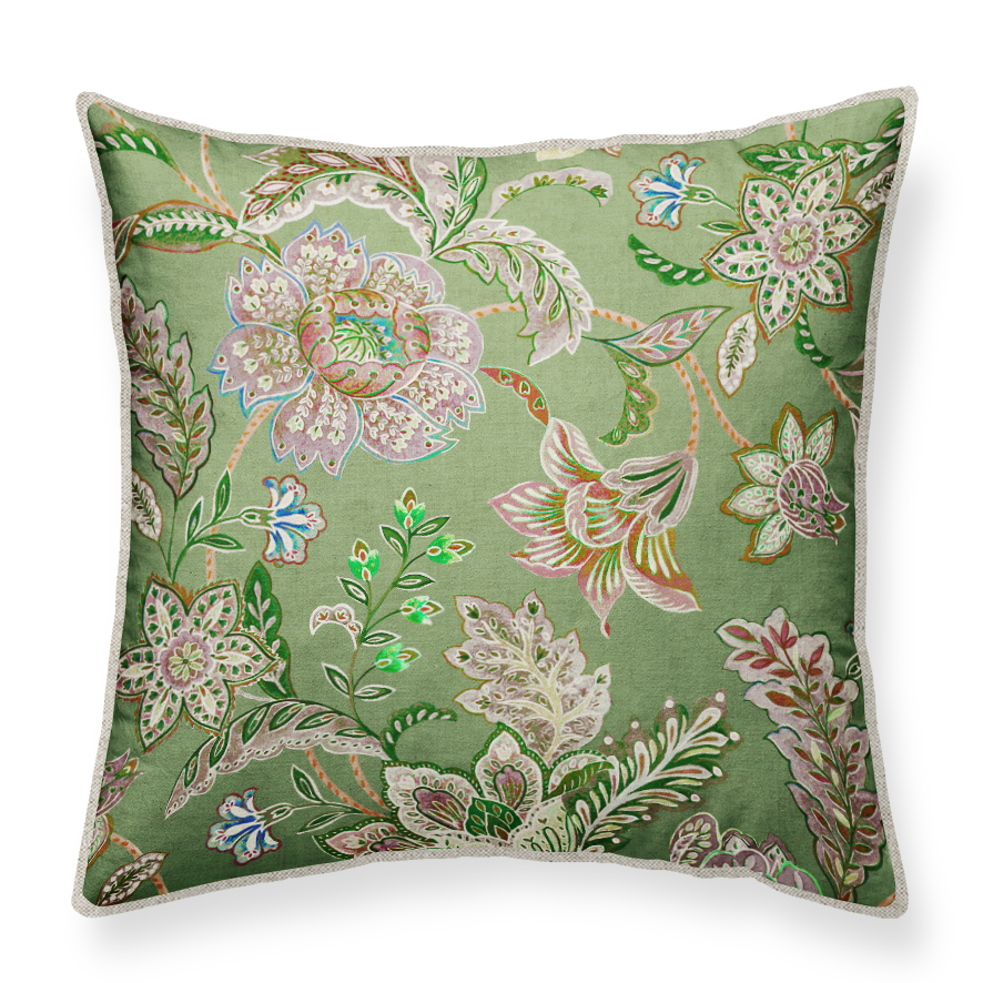 Decorative cushion with floral pattern on a green background