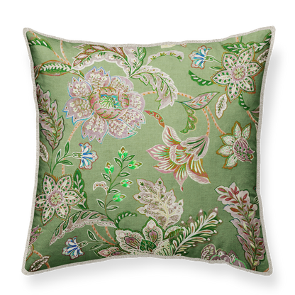 Decorative cushion with floral pattern on a green background
