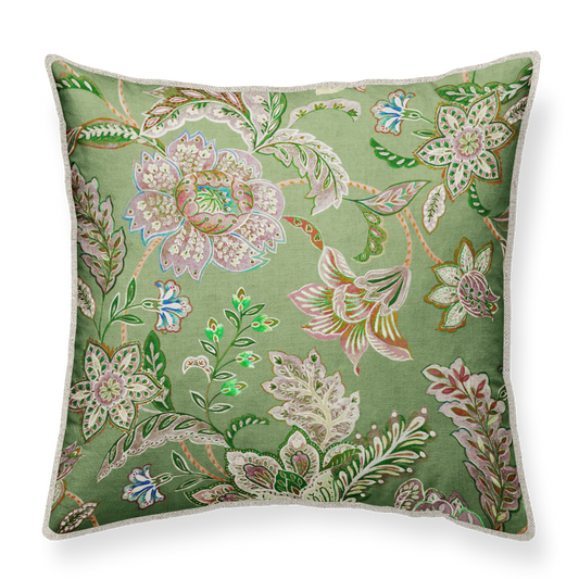 Decorative cushion with floral pattern on a green background