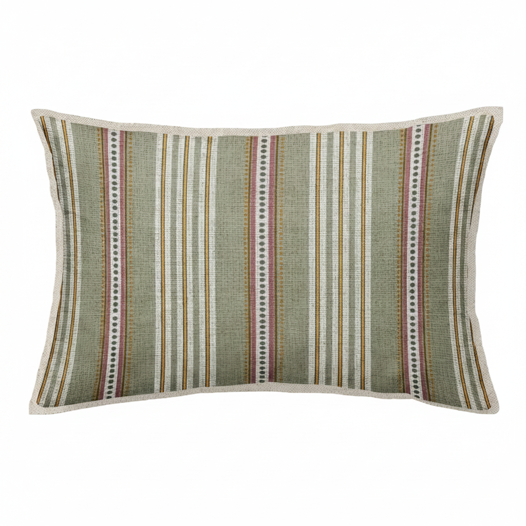 Striped cushion with green and pink pattern on a white background