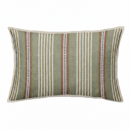 Striped cushion with green and pink pattern on a white background