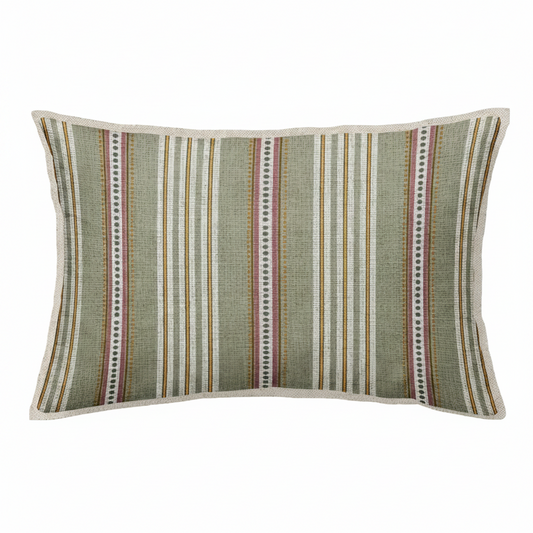 Striped cushion with green and pink pattern on a white background