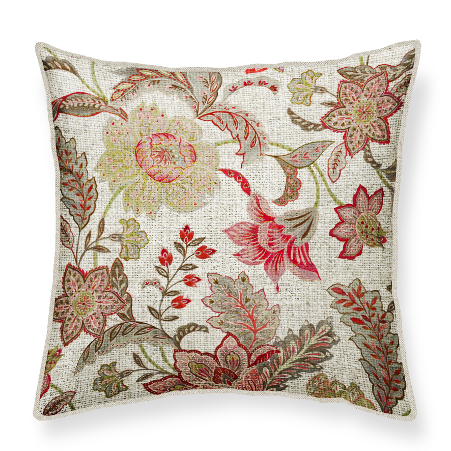 Floral patterned cushion 50x50 on a beige background. Viscose and linen