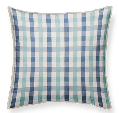Checkered linen pillow with blue and green pattern, 50x50cm,  piping