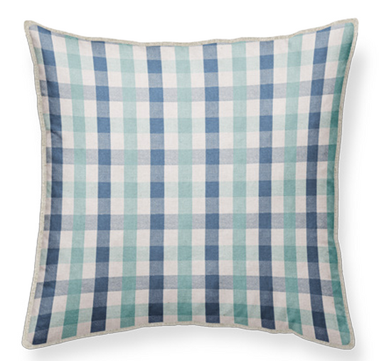 Checkered linen pillow with blue and green pattern, 50x50cm,  piping