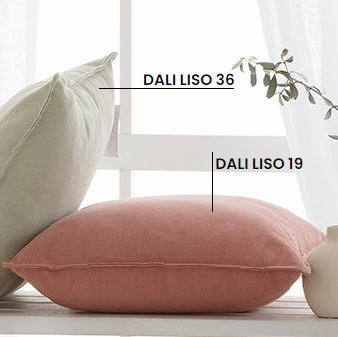 Two cushions on a white surface with decorative elements and text labels.
