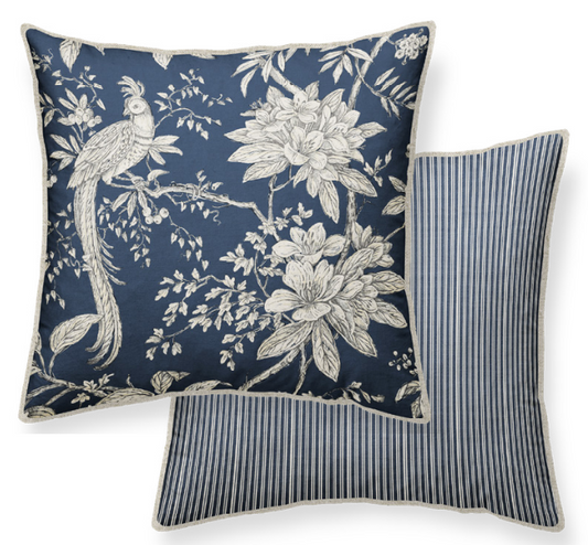 Decorative linen pillow with floral and bird pattern on a blue background 50x50 cm with piping ribbon