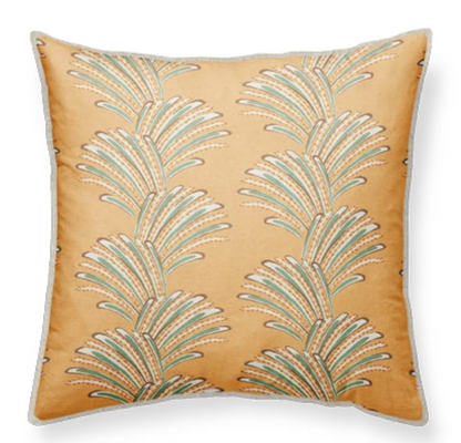 Decorative orange linen cushion with leaf pattern 50x50cm piping in linen boho chique 