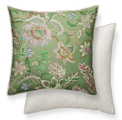 Floral patterned pillow 50x50cm  on a green background, plain white on the other side, with piping