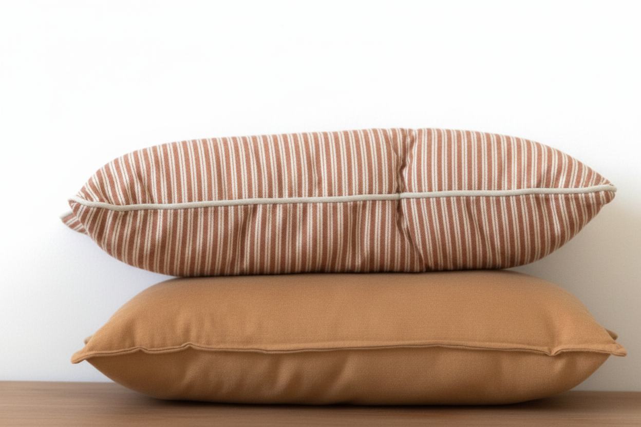 Two striped pillows on a wooden surface with a white background