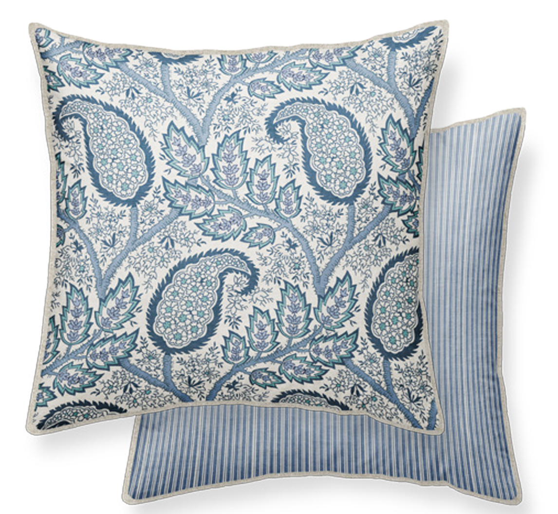 Two decorative pillows with paisley pattern and striped design, 50x50cm with piping in linen