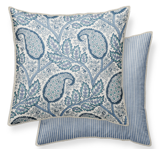Two decorative pillows with paisley pattern and striped design, 50x50cm with piping in linen