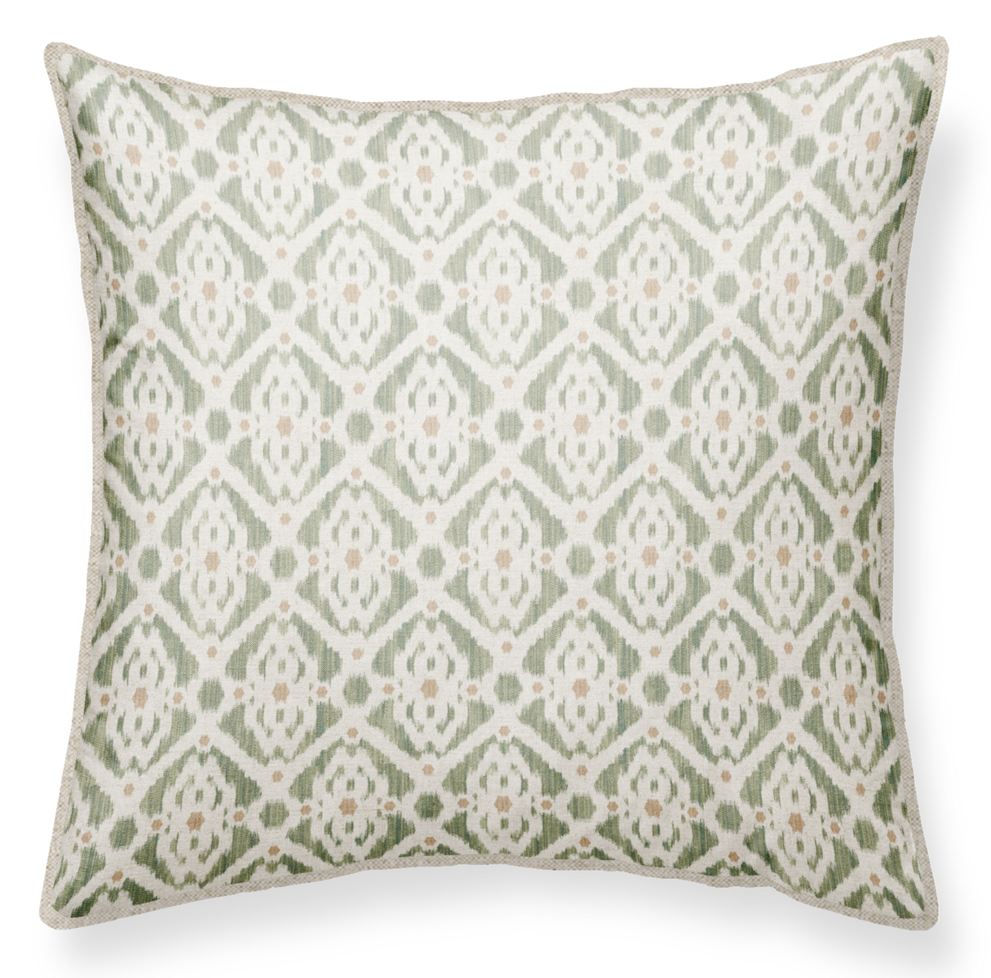 Olive green throw pillow with a geometric pattern. soft colour; 50x50cm; with piping in linen