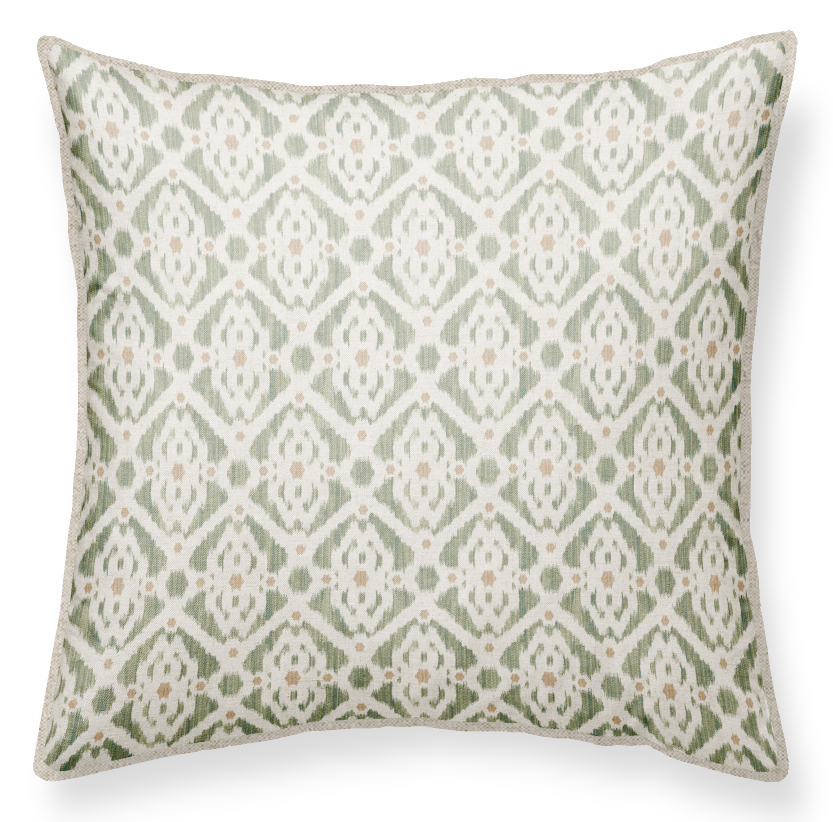 Olive green throw pillow with a geometric pattern. soft colour; 50x50cm; with piping in linen