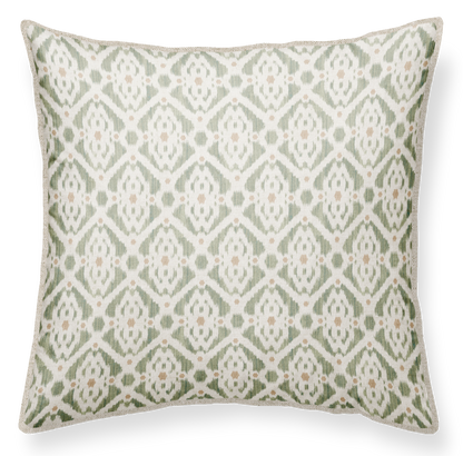 Olive green throw pillow with a geometric pattern. soft colour; 50x50cm; with piping in linen