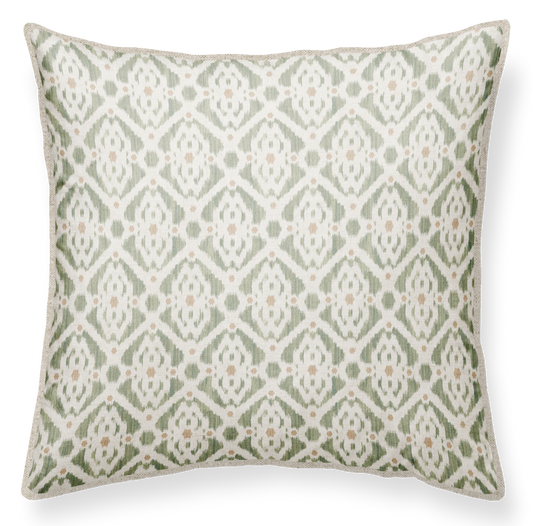 Olive green throw pillow with a geometric pattern. soft colour; 50x50cm; with piping in linen