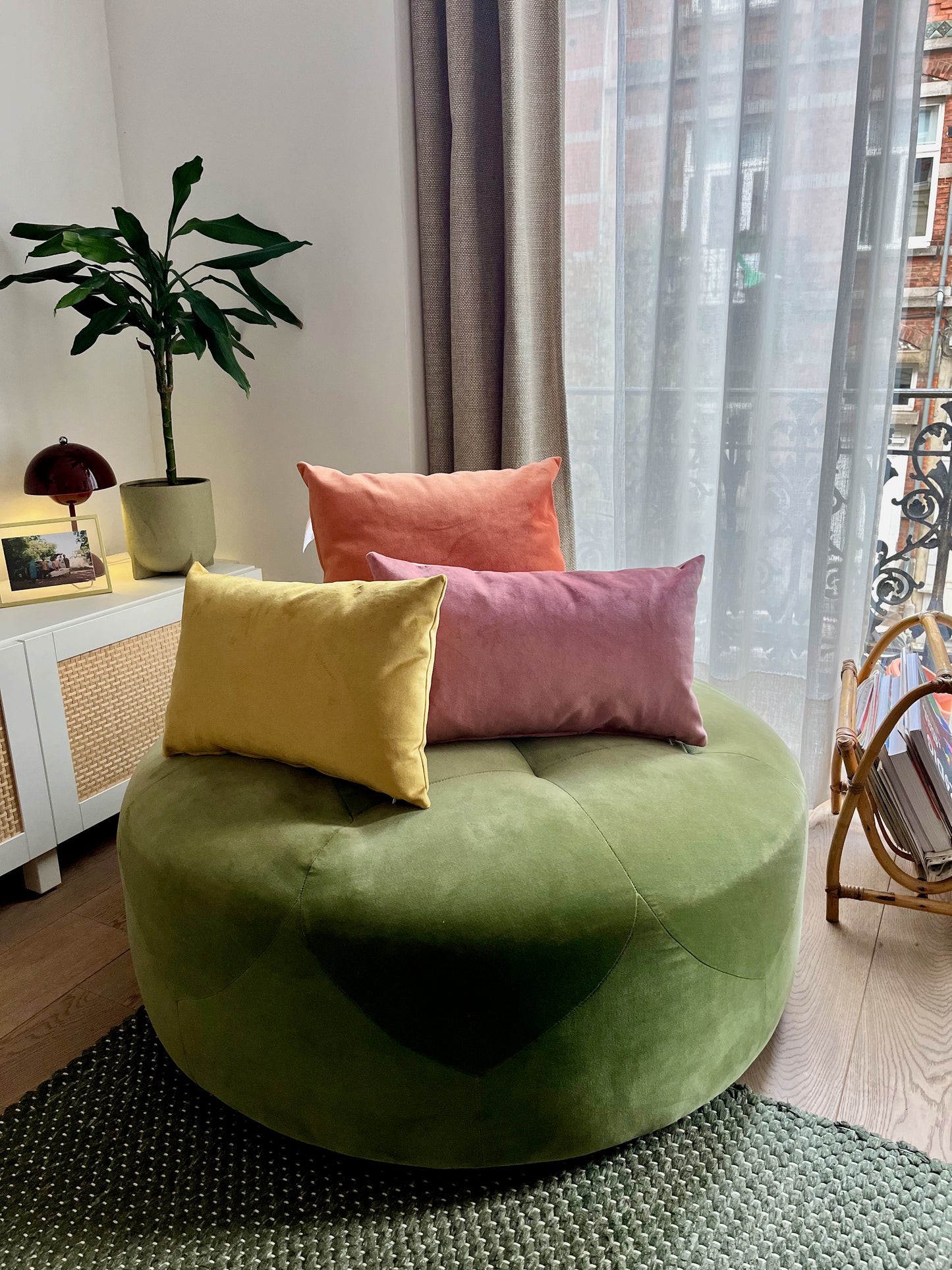 Velvet cushions, pink, yellow, orange on a green poof; 50x30cm; A Touch of Colour