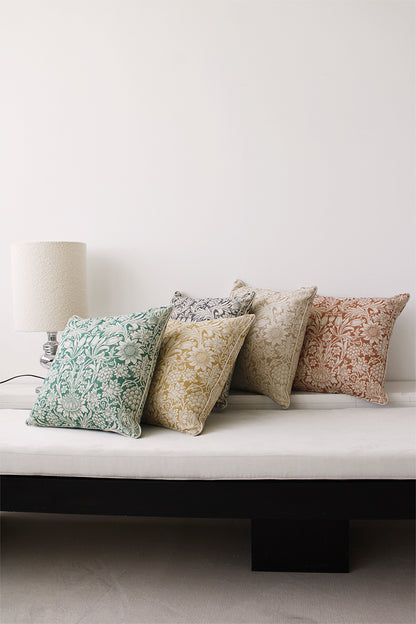 William Morris Green, Red, Ocre and Beige Cushions 03