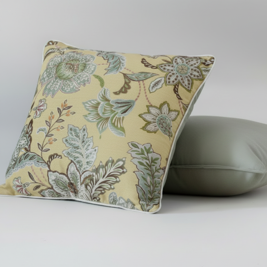 Floral-patterned yellow pillow and a plain light green pillow of 50x50 cm