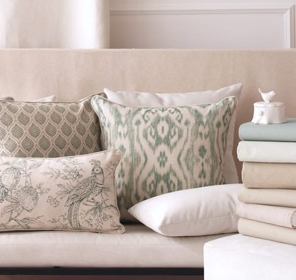 linen cushions with a green floral pattern on a light background, 50x50cm vintage, boho chique