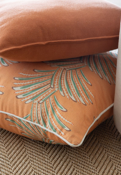 orange cushion in linen with palm leaf pattern 50x50cm with piping in linen, boho chique