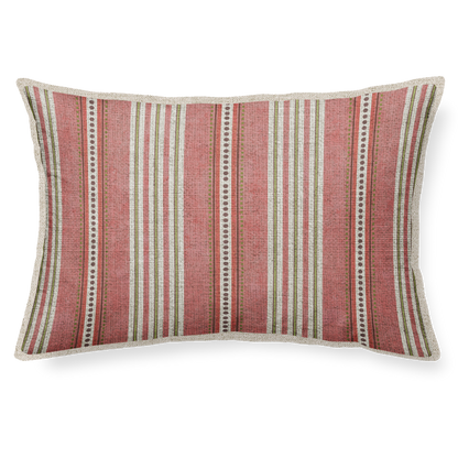 Striped pillow with pink and beige pattern on a white background