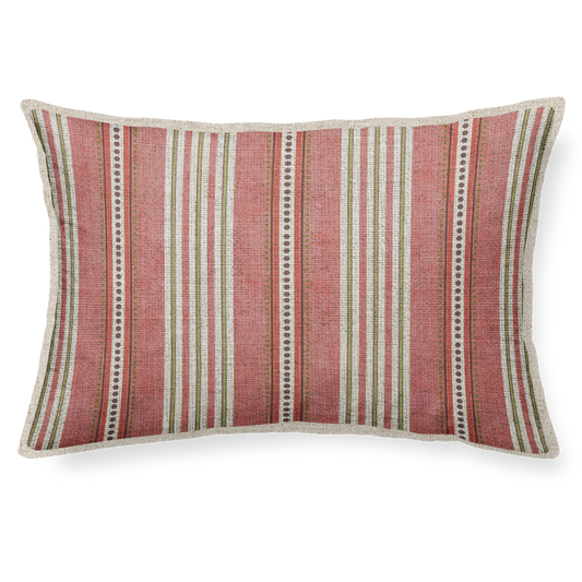 Striped pillow with pink and beige pattern on a white background